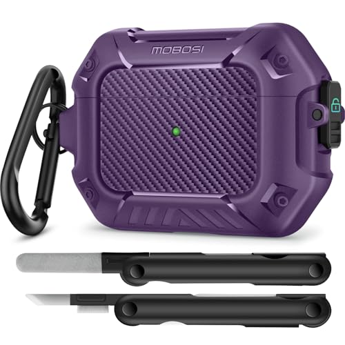 MOBOSI for AirPods Pro 2nd/1st Generation Case, Secure Lock Clip Carbon Fiber Case Cover with Keychain, Full Body Shockproof Hard Shell Protective Cover for AirPods Pro Case (2023/2022/2019), Purple