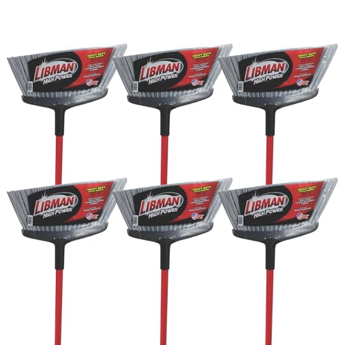 Libman Commercial 1102 Rough Surface Angle Broom, Steel Handle, 15" Wide, Red Handle and Gray Bristles (Pack of 6)