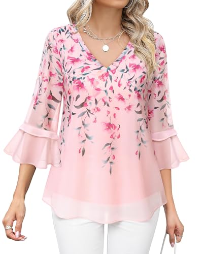 Bebonnie Women Blouses Dressy Casual Tops: Womens Ruffle 3/4 Sleeve V Neck Double Layers - Summer Spring Dress Shirts - Floral Chiffon Blouses for Mother of The Bride Wedding Guest Multi Pink M