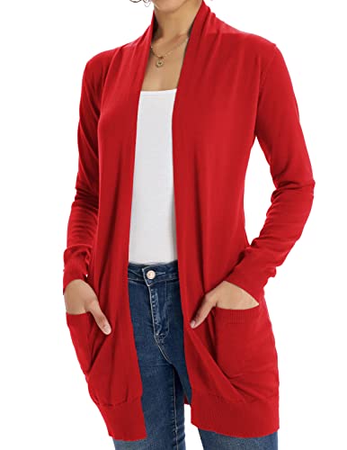 Women's Long Sleeve Open Front Popcorn Sweater Cardigan with Pockets Red S