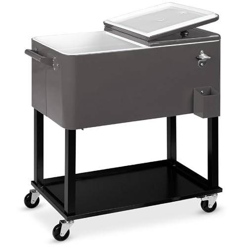 Best Choice Products 80-Quart Outdoor Steel Rolling Cooler Cart w/Ice Chest, Bottle Opener, Catch Tray, Drain Plug, Locking Wheels - Gray