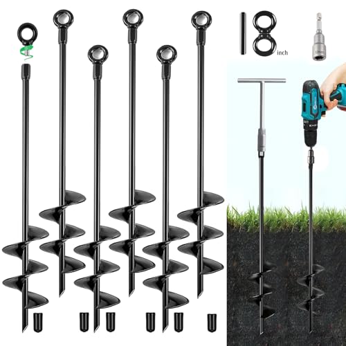 Fabulas Ground Anchors Screw in, 18 Inch Heavy Duty Swing Set Ground Anchor Kit 6 Pack, Spiral Earth Trampoline Stakes High Wind Metal Auger Stakes for Dog Sheds Tent Carports Camping