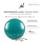 HOPWELL Steel Tongue Drum - 15 Note 12 Inch Tongue Drums - Percussion Instruments - Hand Pan Drum with Music Book, Drum Mallets and Carry Bag, D Major, Malachite Green