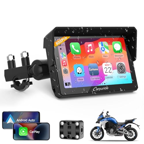 Carpuride W502PRO for Motorcycle CarPlay& Android Auto& Dual Bluetooth - 5" Waterproof GPS Navigation Screen for Motorbike, Music Sharing, Intercom, EQ, Light Sensor, Compass, Barometer