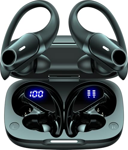 GOLREX Active Noise Cancelling Ear Buds Bluetooth Headphones Wireless Earbuds with 80H Wireless Charging Case & LED Display, Over-Ear Hooks Earphones Bass Earbud for Sports Running Gym Workout Black