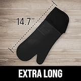 Extra Long Professional Silicone Oven Mitt, Oven Mitts with Quilted Liner, Heat Resistant Pot Holders, Flexible Oven Gloves, Black, 1 Pair, 14.7 Inch