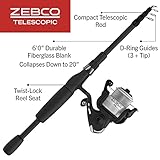 Zebco 33 Spinning Reel and Telescopic Fishing Rod Combo, Extendable 20-Inch to 6-Foot Fiberglass Fishing Pole, EVA Rod Handle, Size 20 Reel, Aluminum Spool, QuickSet Anti-Reverse, Silver/Black