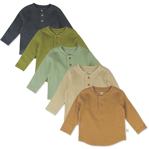 HonestBaby 5-Pack Waffle Henley Long Sleeve Shirts 100% Organic Cotton for Infant Baby and Toddler Boys, Unisex , Castle Creek, 3-6 Months