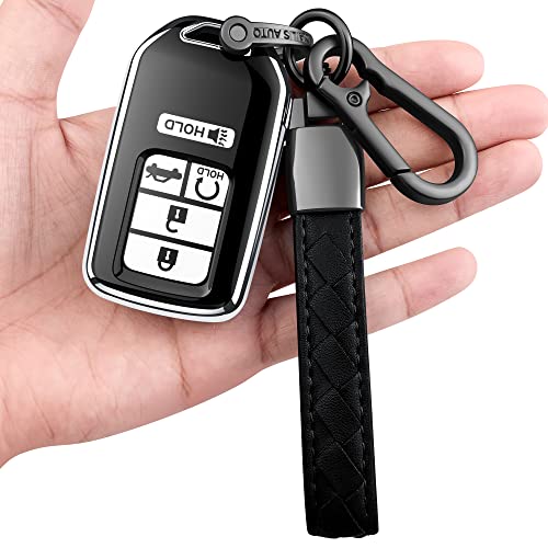 Sindeda for Honda key fob cover with leather keychain,Soft TPU Full Cover Protection,key fob case compatible Honda Accord Civic CRV Pilot Odyssey Passport Smart Remote Key，Key Fob Shell Silver