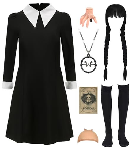 Hitormoon 7pcs Girls Wednesday Addams Costume Dress Kids Halloween Costume Black Toddler Peter Pan Collar Family Cosplay Outfits with Wig Necklace Socks Thing Hand Hairpin Sticker Wig Cap HN021-3XL
