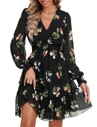 Prettywear Wedding Guest Dresses for Women 2025 Spring Summer Fall Floral Chiffon Wrap Neck Flowy Mini Long Sleeve Dress Black