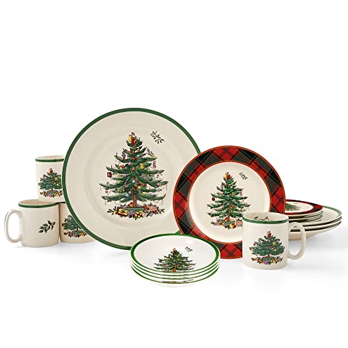 Spode Christmas Tree 16-Piece Tartan Dinnerware Set (Service for 4) - Festive Holiday Tableware Collection with Plates, Bowls, Mugs - Porcelain Christmas Dinnerware - Microwave & Dishwasher Safe