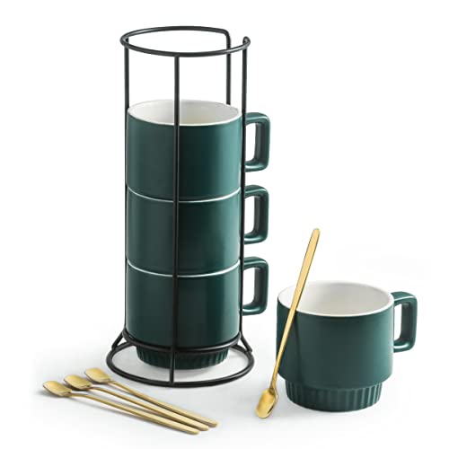 Miamolo Stackable Coffee Mugs Set of 4 with Holder Spoons 11oz Ceramic Cappuccino Cups for Espresso Latte Tea Drinks, Dishwasher & Microwave Safe, Green