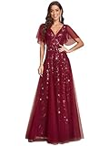 Ever-Pretty Women's Sequin Sparkly V-Neck Short Sleeve Maxi Evening Dress Burgundy US06