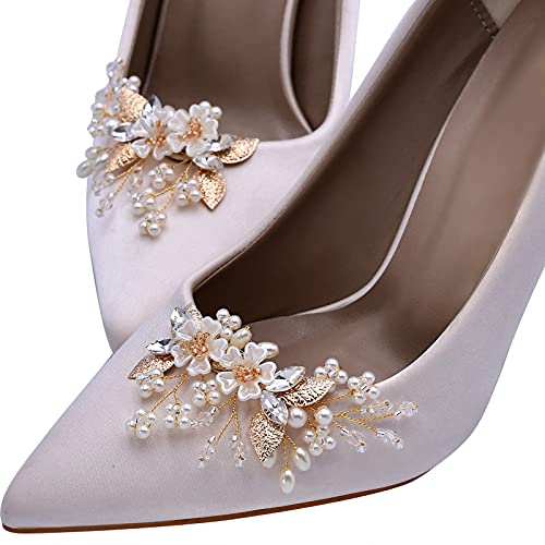 ULAPAN 2 Pcs Pearl Shoe Clips for Pumps Wedding, Rhinestone Crystal Bridal Shoe Buckles Clips for Women and Girl(Gold)