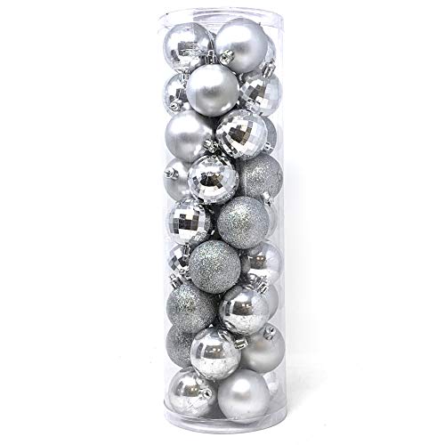 allgala Christmas Balls 36 PK 2 Inch (5CM) Pre-Strung Shatter Proof Christmas Ornament Balls for Xmas Tree-4 Style-Silver