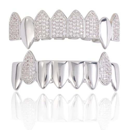 AINTTBY Grillz street Hip Hop personality Gold Shiny Copper gold-plated teeth Grillz Vampire fangs Grills Daily wear Halloween and Party Unisex - Comes With Tweezer & Dental Wax (8002Silver)