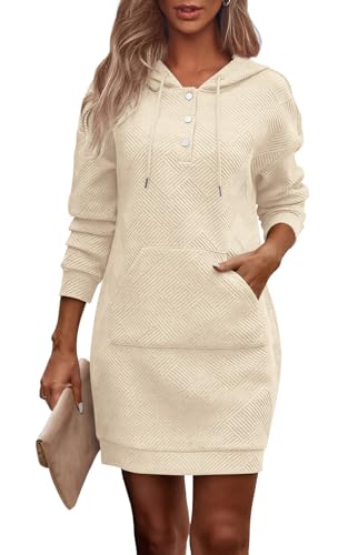 PRETTYGARDEN Long Sleeve Hoodies Dress 2024 Fall Trendy Texture Sweatshirts Outfits Button Hooded Winter Dresses with Pockets (Beige,M)