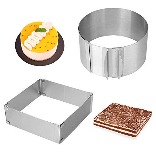 Meichu Adjustable Cake Ring 2 Pack, 6 to 12 Inch Stainless Steel Mousse Cake Mold Ring with scaling for Kitchen DIY Pastry, Square and Round