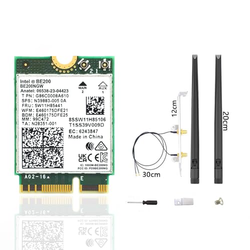 WiFi 7 BE200 NGW Wireless Card, Tri-Band 6GHz/5GHz/2.4GHz M.2 NGFF Bluetooth 5.4, Includes Ipex Cable, 8dBi Antennas and Brackets Support Windows 10/11(64 bit)/Linux, Not Support AMD. (with Antennas)