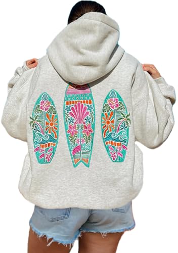 Yiulangde Cute Preppy Pink Palm Sweatshirt Puff Hoodies for Teen Girls Coastal Cowgirl Flower Oceanic Embroidered Oversized Hoodie Tops