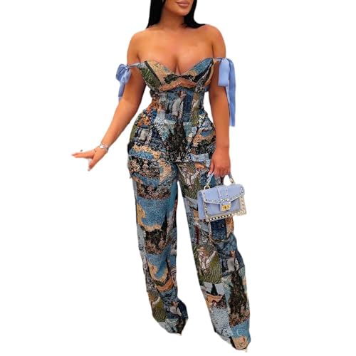 Molilove Sexy 2 Piece Sets for Women Print Sleeveless Croset Top and Wide Leg Pants with Multi-Pocket Summer Vacation Outfits