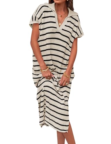 ZESICA Women's Summer Striped Midi Dress 2025 Casual Short Sleeve V Neck Loose Knitted Side Slit Long Sweater Dresses,Apricot,Medium