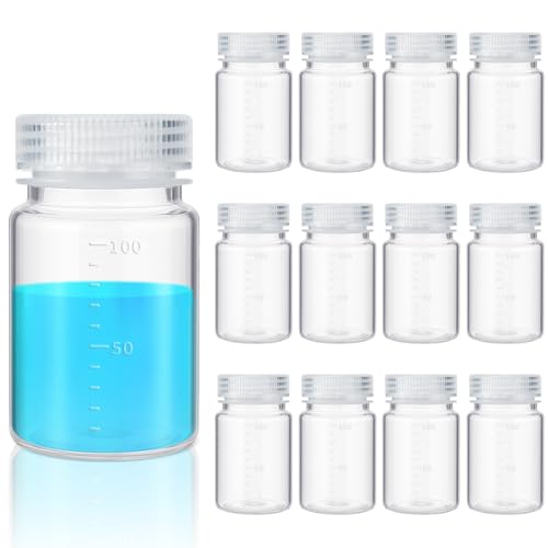Tatuo 12 Pcs 3 oz 100 ml Polypropylene Wide Mouth Reagent Bottle Plastic Sample Bottles with Screw Caps Translucent PP Sample Containers with Lid for Liquids, Laboratory, Classroom, Storage at Home