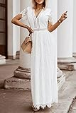 MEROKEETY Women's V Neck Short Sleeve Floral Lace Wedding Dress Bridesmaid Cocktail Party Maxi Dress White