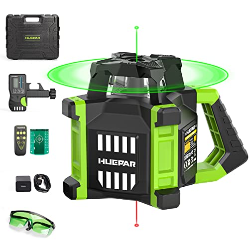 Huepar Electronic Green Rotary Laser Level + Plumb Points, Self-Leveling Horizontal/Vertical Rotary Laser Kit 800M W/Goggles, Receiver, Target Plate, Remote Control, Li-ion Battery & 5V2A Adapter