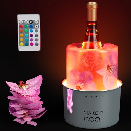 Berlinzo Wine Chiller Ice Bucket Mold with LED Lights Remote Control - Stainless Steel - Perfect for Cooling & Presenting Wine, Champagne & Beverages Bottles Up to 3.5" Width - Stunning Visual Effects