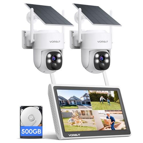 VORGUT Solar Security Camera System Wireless Outdoor with 10CH 10" LCD Monitor NVR,2.5K 4MP 2PCS Dome PTZ Solar Camera for Home Security,Solar Powered Panel,Motion Record (500G HDD)