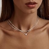 Tewiky S925 Sterling Silver Necklace for Women, Dainty Silver Layered Necklaces Diamond Pendant Necklace Simple Chain Choker Necklaces Jewelry Fashion Set Gifts for Womens