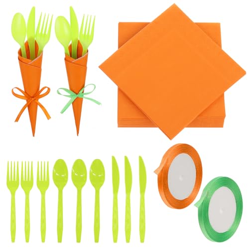 50 Set Easter Party Supplies Plastic Cutlery Set, Rabbit Carrot Shaped Tableware Include Disposable Spoons Forks Knives Paper Napkins Ribbons for Spring Easter Bunny Birthday Party Table Decor