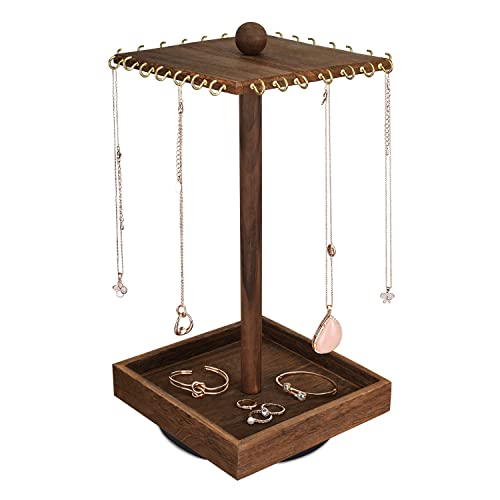 Ikee Design Wooden Rotating Jewelry Organizer, Jewelry Display Tower for Necklace & Bracelet, Rotating Necklace Holder Organizer, Jewelry Stand for Shows, Brown Color, 7.88 W x 7.88 D x 16 H in