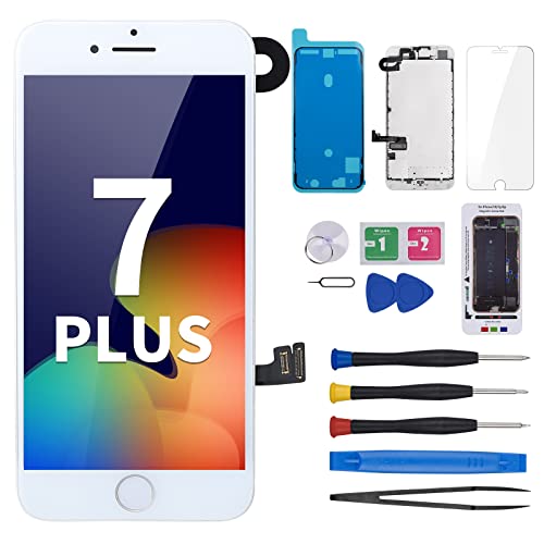 CYKJGS for iPhone 7 Plus Screen Replacement with Home Button 5.5" White 7Plus LCD Display Digitizer Full Assembly Fix Kits with Front Camera Flex Earpiece Speaker Sensor Repair Tool A1661 A1784 A1785