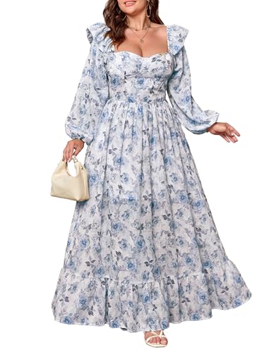 EYWOL Plus Size Dresses for Curvy Women Long Sleeve Maxi Vintage Dress Smocked Blue Floral Dress for Women Long Dresses Baptism