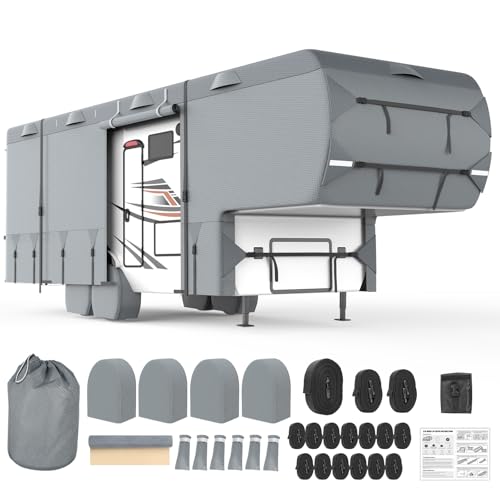 Mofeez 5th Wheel RV Cover 41-45ft, 7 Layers Top Extra-Thick Fifth Wheel Cover, Waterproof Windproof Anti-UV Rip-Stop Toy Hauler Camper Cover with 3Pcs Extra Straps, 6 Gutter Covers & 4 Tire Covers