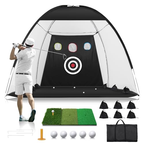 Golf Net: 10x7FT Golf Practice Net for Backyard Driving, Hitting Net with Tri-Turf Mat, Indoor Training Chipping Aid Nets with Reduce Noise Nylon Target, for Golfers