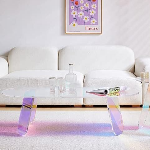 BTLSWI Acrylic Coffee Table, 47.2” Extra Long Iridescent Table with PVC Mat, Coffee Table for Living Room, Oval Modern Lucite End Table