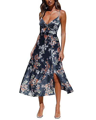 Fashionme Women Midi Satin Dresses Tie Front Backless Split Summer Casual Floral Tropical Hawaiian Flowy Slip Dress Sexy Sundresses Wedding Guest Beach Cocktail Vacation Graduation