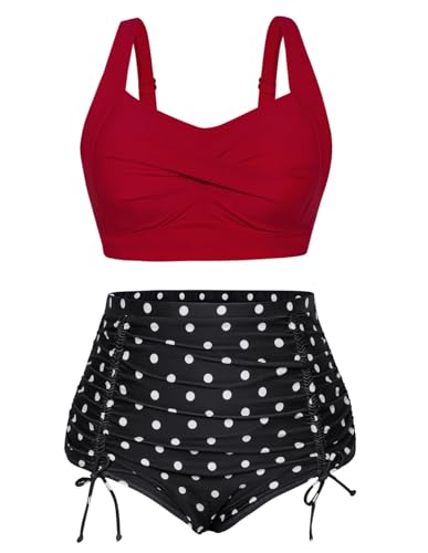 Hanna Nikole Plus Size High Waist Swimsuit V Neck Bathing Suit and Pants Set Red and Polka Dots 12 Plus