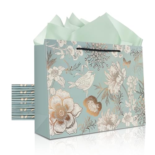 Elivida 12 Pack 13" Reusable Heavy Duty Gift Bags Perfect Flower and Bird Pattern Gift Bags with Tissue Paper Use for Birthday, Wedding,Party Favor, Mother's Day & Special Occasion (Green)