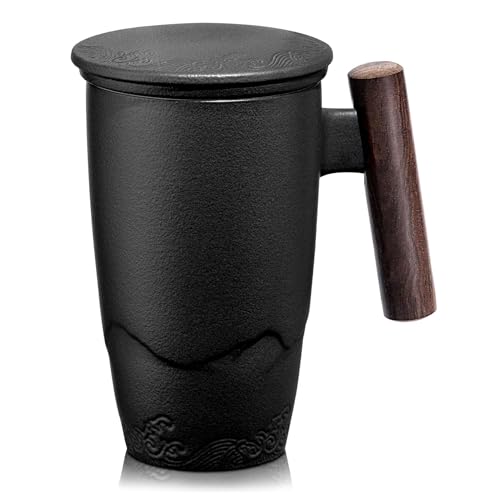 suyika Tomotime Ceramic Tea Cup with Infuser and Lid Tea Mugs Wooden Handle 400ml/13.5oz Black