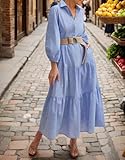 Women's Summer Maxi Dress Casual Button Up Cotton Linen Dress Smocked Flowy Tiered Long Beach Sun Dresses