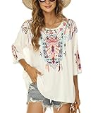 LauraKlein Mexican Embroidered Top for Women Bohemian Shirt Peasant Style Loose Shirt Blouse Hippie Loose Fitting (White-M)