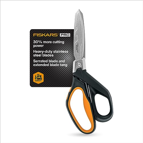 Fiskars Pro PowerArc Shop Shears, Heavy Duty Stainless Steal Scissor, Industrial Grade Tool for Building and Construction, 10 in, Orange/Black