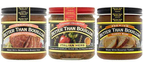 Better Than Bouillon Base Variety Pack, 1 Premium Baked Ham Base, 1 Culinary Collection Italian Herb Base, 1 Premium Turkey Base, 8 Ounce Jars (Pack of 3)
