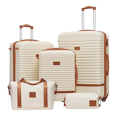 Coolife Suitcase Set 3 Piece Luggage Set Carry On Travel Luggage TSA Lock Spinner Wheels Hardshell Lightweight Luggage Set(White, 5 piece set)