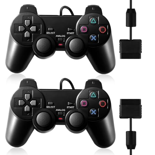 HaeBorl PS2 Controller, 2 Packs Wired Controller Compatible with PS2/PS2 Slim/PS1, PS2 Replacement Wired Controller with Dual Vibration, Black